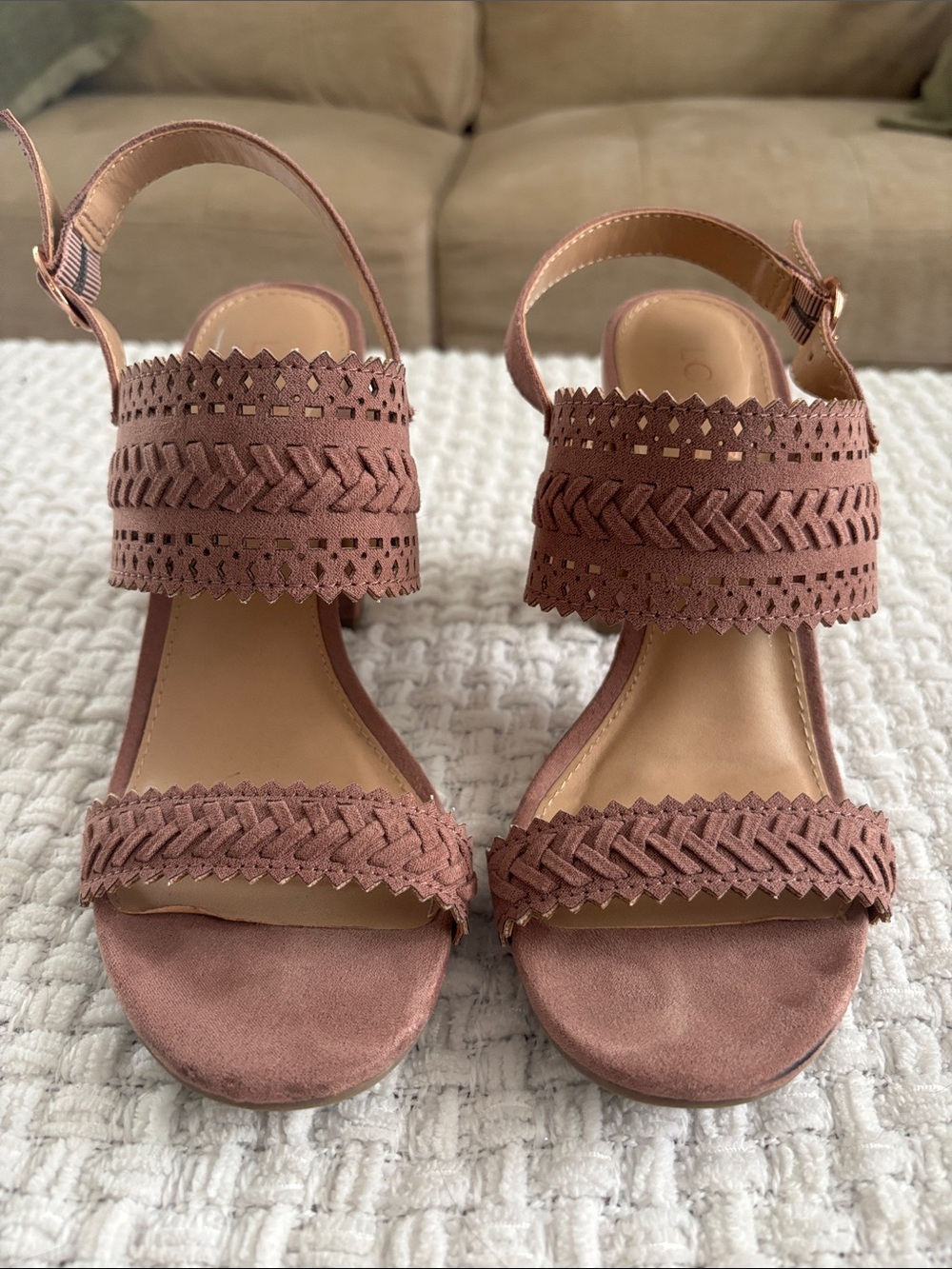 LC Lauren Conrad Braided Strap Block Heel Sandals — Mauve